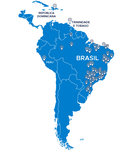 Mapa da América do Sul em azul com pinpoints