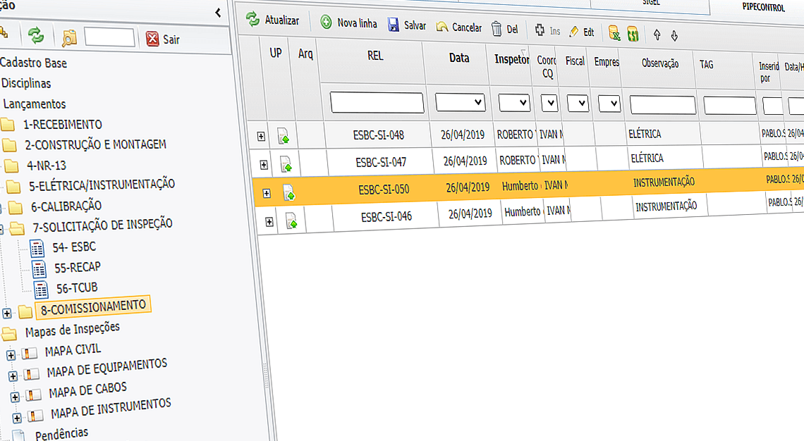 Tela de redistro de inspeções do pipecontrol