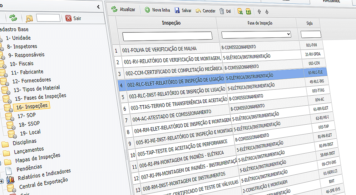 Tela de workflow de processos que mostra os testes e inspeções que devem ser realizados